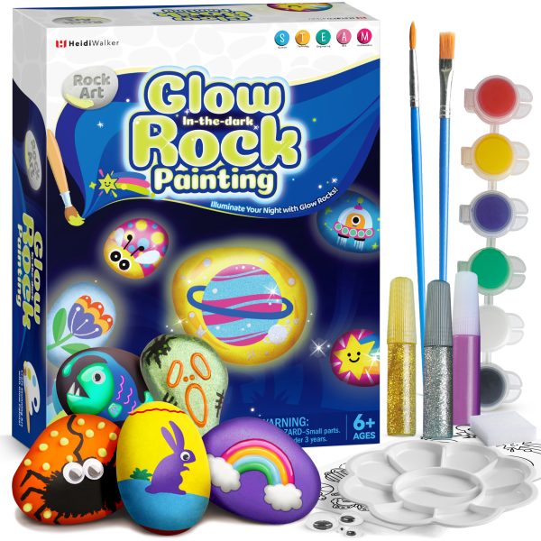 Glow in The Dark Rock Painting Kit - 10 Rocks & Glow Paints, Kids Craft Art Set with Stickers