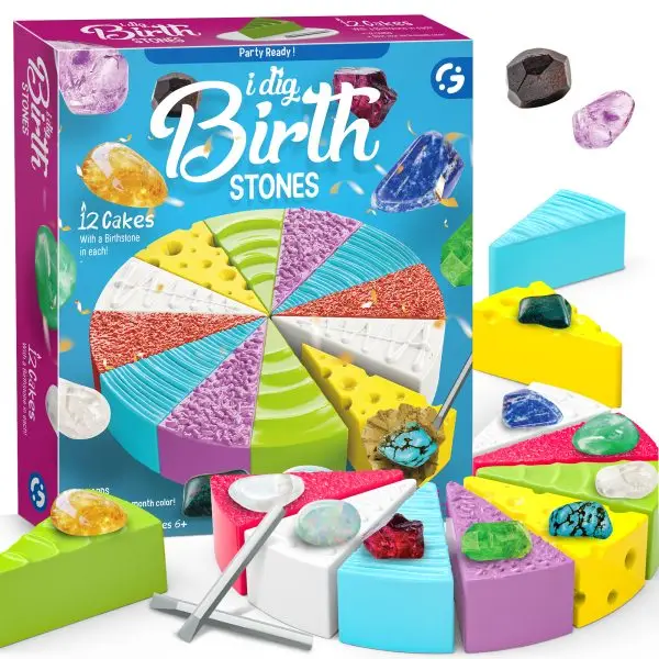 Birthday Stone Dig Kit for Kids Ages 6+, Dig up 12 Genuine Birthstones with Cake-Shaped Block