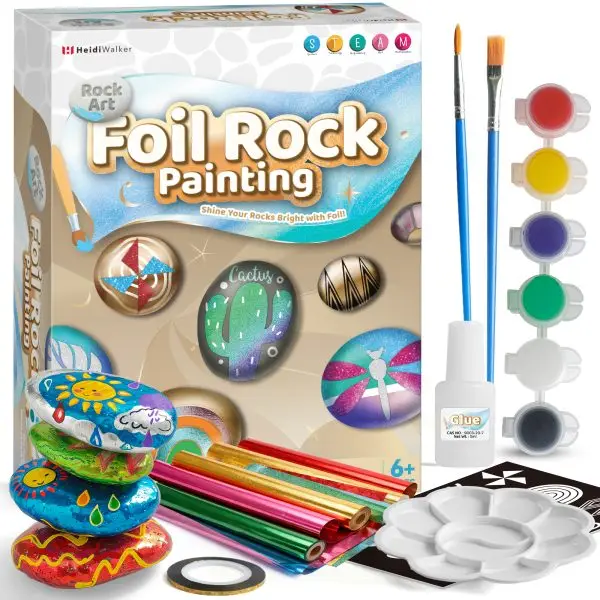 Foil Rock Painting Kit for Kids – 10 Rocks, 10 Stencils, Transfer Foil, Paints & Brushes (Ages 6+)