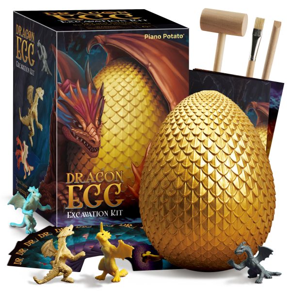 Dragon Egg Dig Kit - Jumbo Excavation Egg with 12 Mini Dragons & 2 Treasures, Tools + Learning Cards