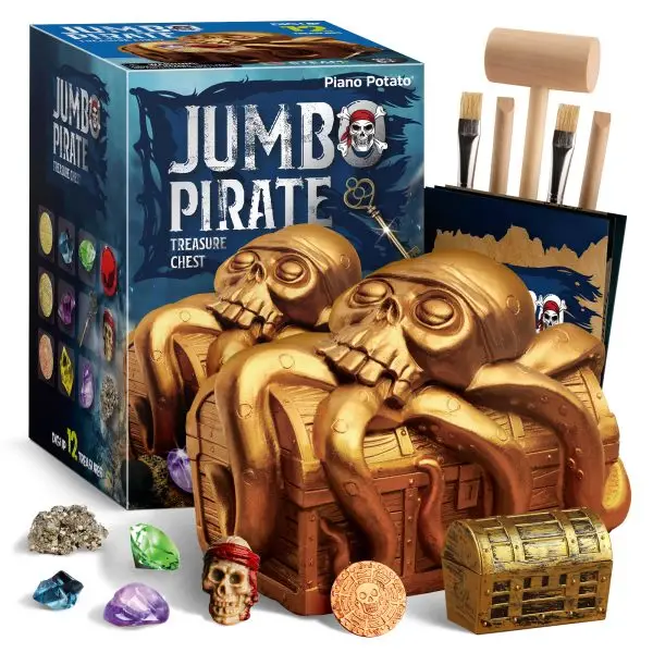 Jumbo Pirate Dig Kit with Treasure Chest – Dig Up 12 Pirate Treasures, Gems & Gold Coins (Ages 6+)