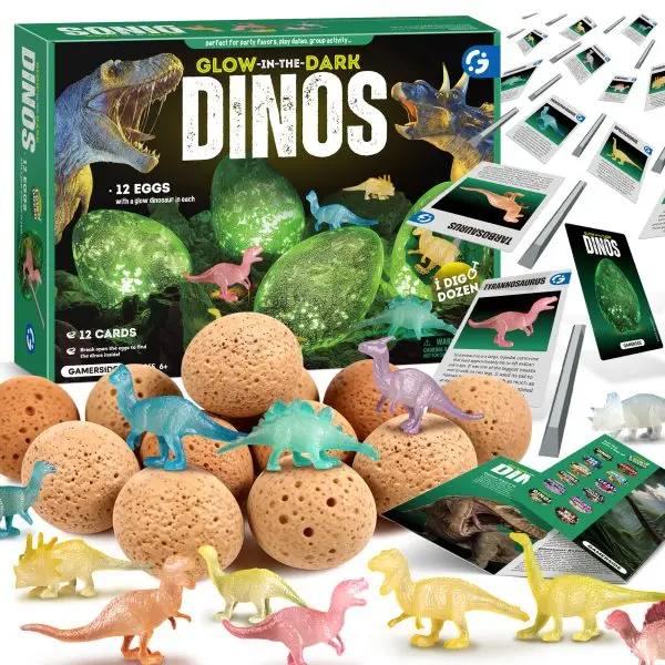 Dino Egg Excavation Kit – 12 Glow-in-the-Dark Dino Eggs with Dinosaur Figures & Learning Cards (Ages 6+)