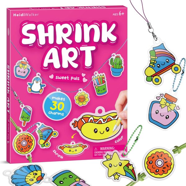 Piano Potato DIY Shrinking Art Kit for Kids - 30 Pre-Cut Shrink Plastic Sheets & Keychain Making Kit, 8 Acrylic Markers, Charms, Bracelets, No Mess Creative Activity, Birthday Gift for Girls Ages 6+