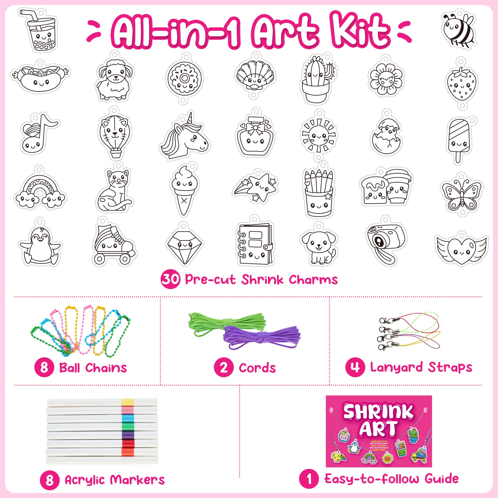 Piano Potato DIY Shrinking Art Kit for Kids - 30 Pre-Cut Shrink Plastic Sheets & Keychain Making Kit, 8 Acrylic Markers, Charms, Bracelets, No Mess Creative Activity, Birthday Gift for Girls Ages 6+ - Image 4