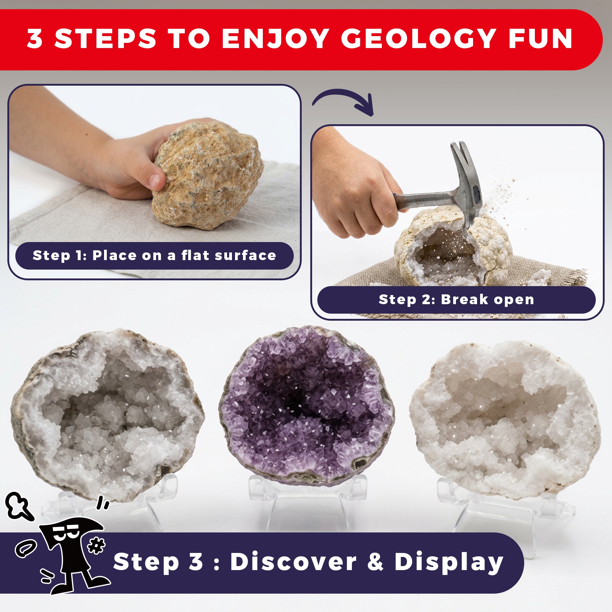 Break Open 3 Jumbo Geodes, Science Gift for Kids Ages 8-12 - Image 5