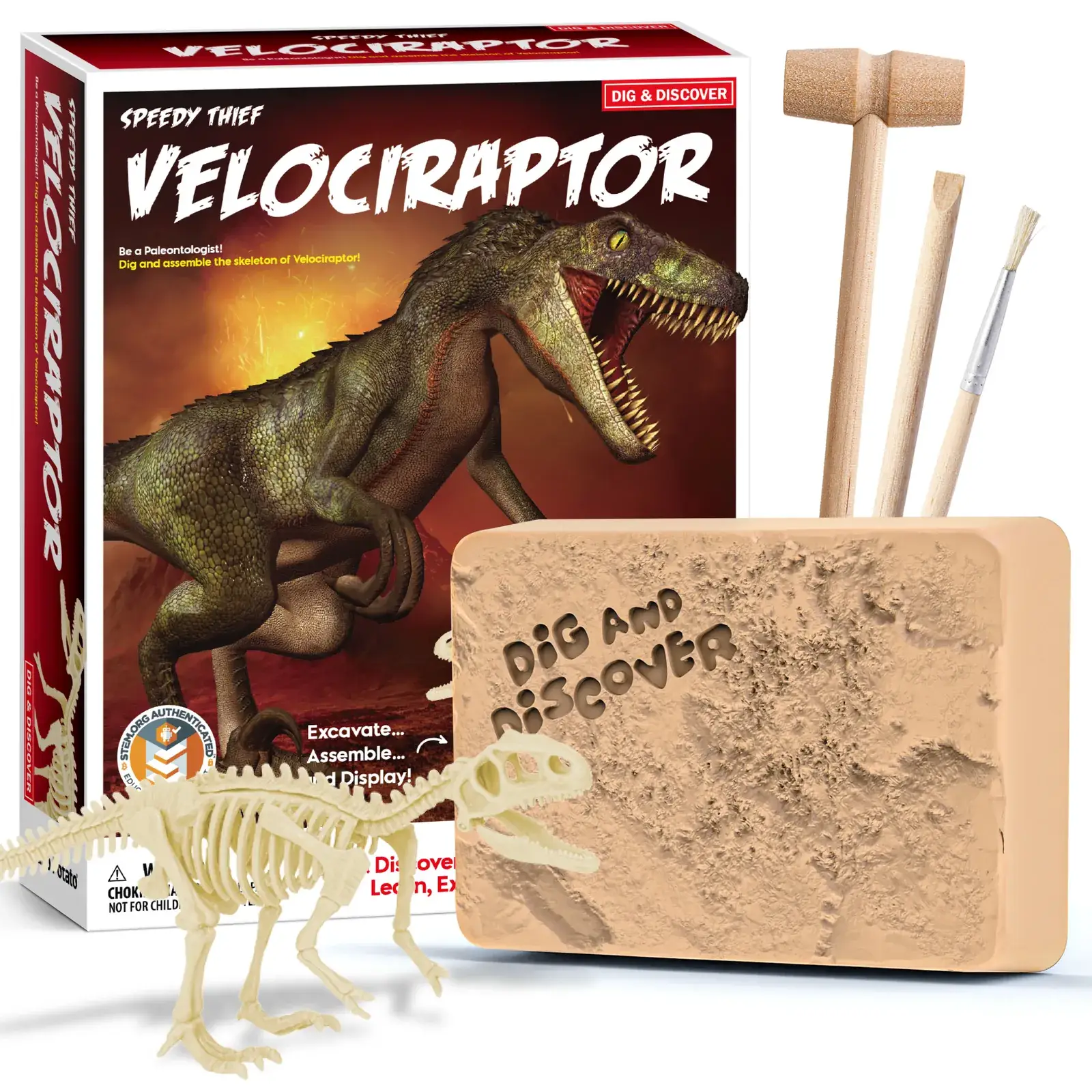 Dinosaur digging kit with skeleton model, excavation block, hammer, chisel and brush