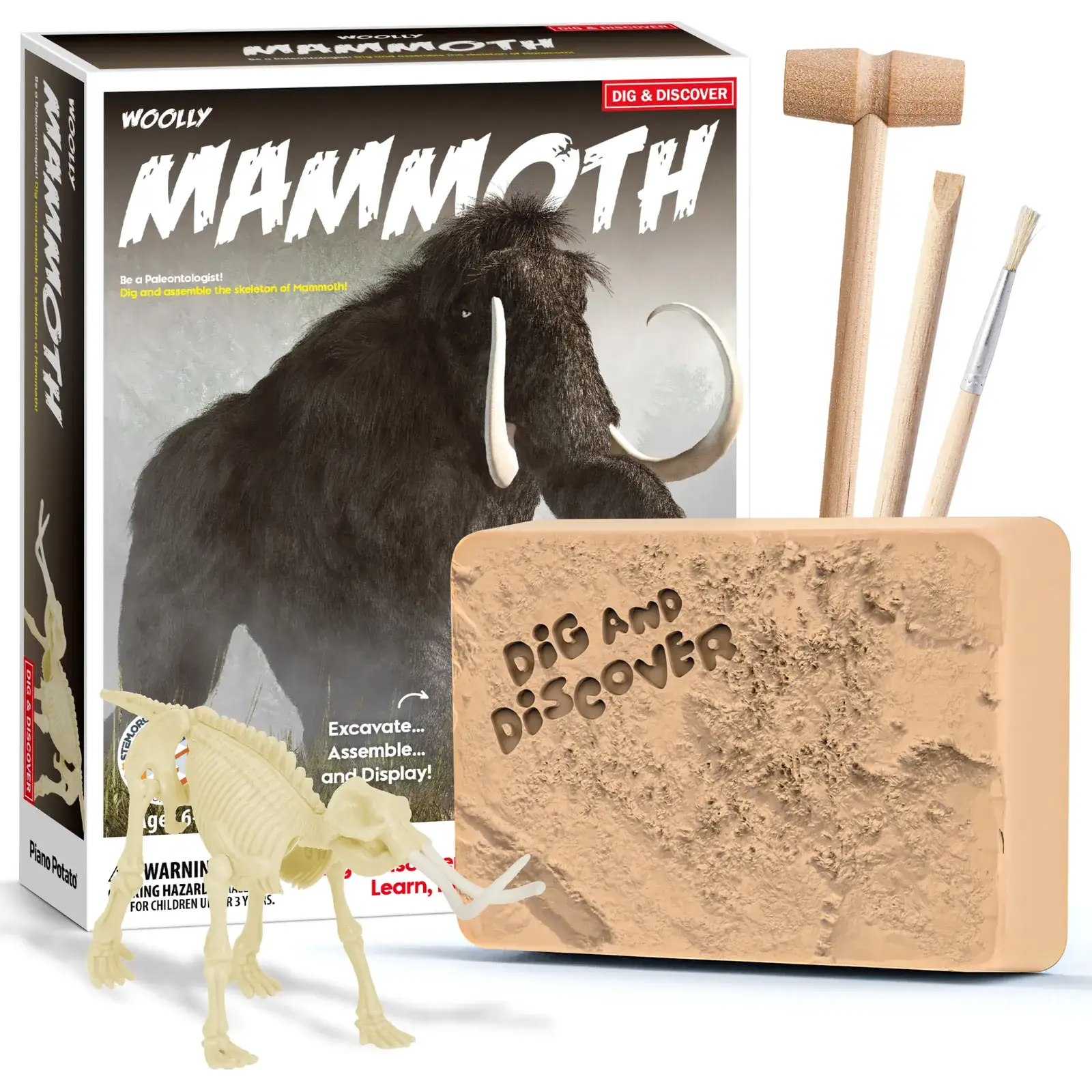 Woolly Mammoth Skeleton Dig Kit with excavation block, hammer, chisel, brush, fold-out guide, and 10 skeleton parts