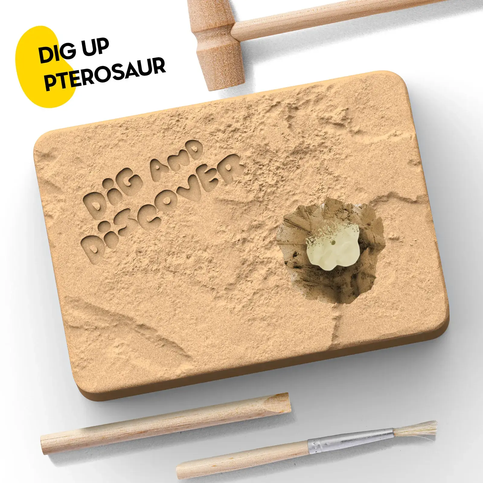 Pterosaur skeleton part being uncovered from the rectangular digging block with the included tools