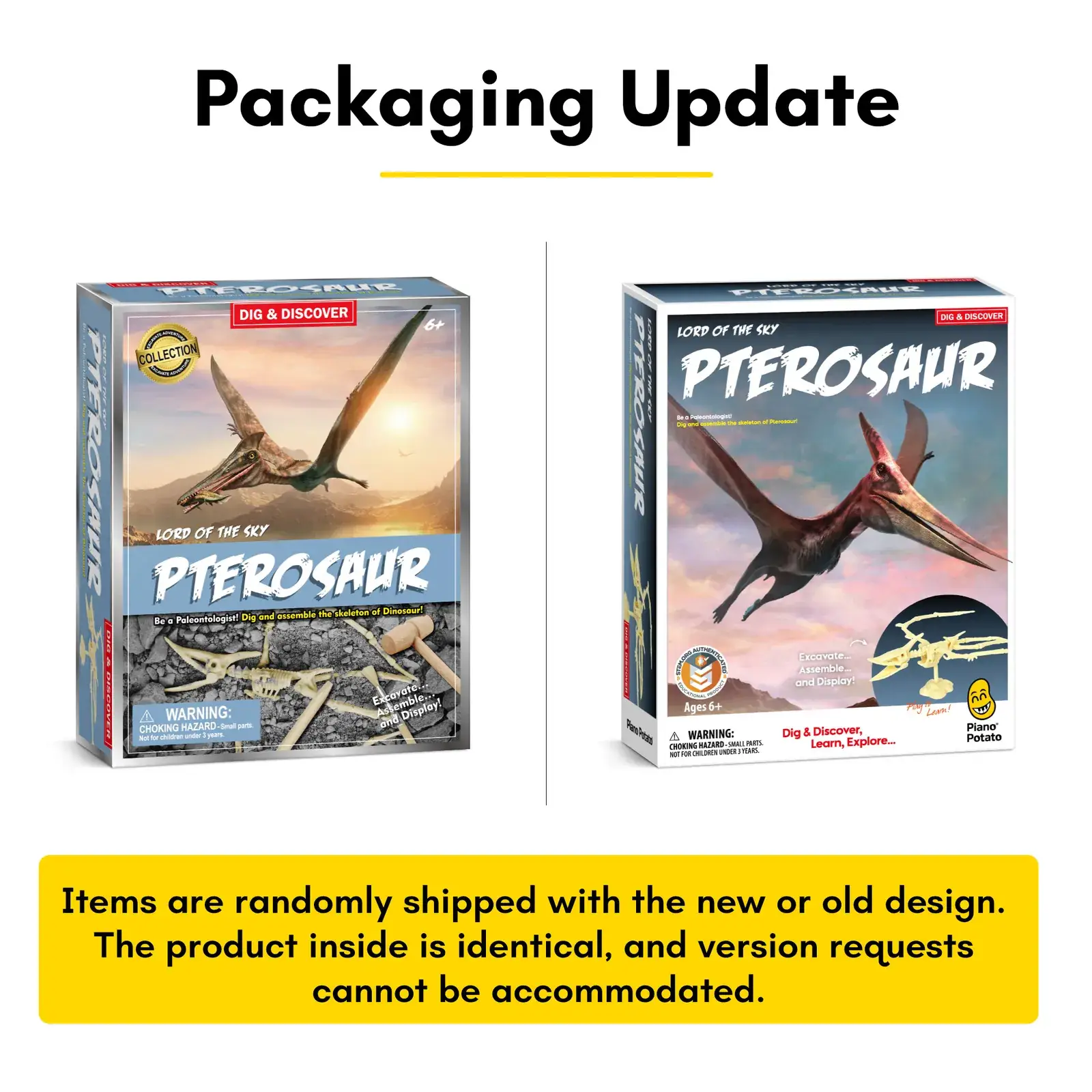Old and new Pterosaur Skeleton Dig Kit packaging with the packaging update notice