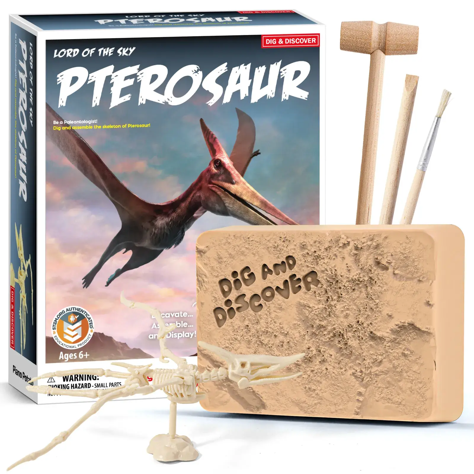 Pterosaur Skeleton Dig Kit with retail box, excavation block, tools, instruction sheet, and assembled display model