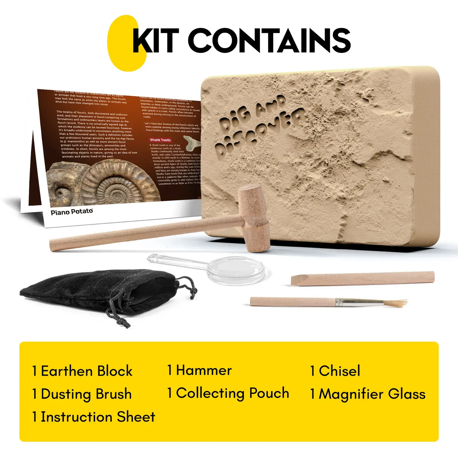 Fossil dig kit with a digging block, hammer, chisel, brush, magnifier, collecting pouch, and instructions