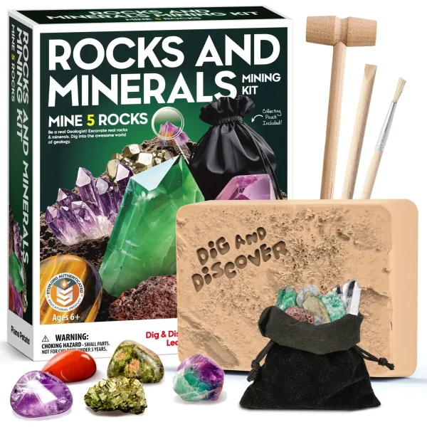 Rocks and Minerals Mining Kit - Excavate 5 Real Geology Specimens, Kids STEM Geology Kit