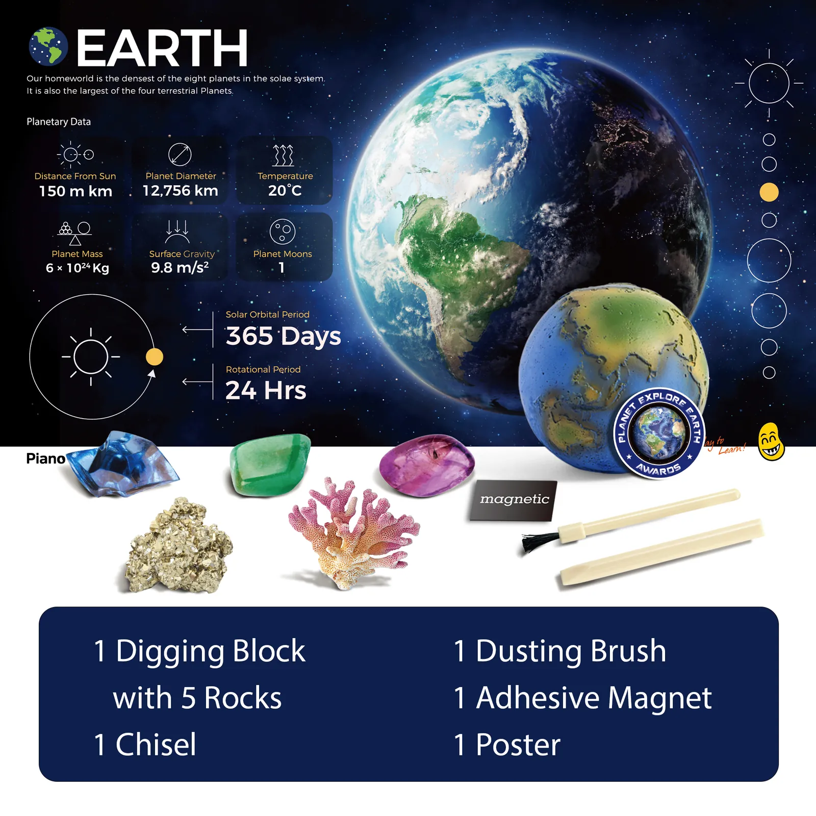 Complete Earth Gemstone Dig Kit contents: one globe digging block with five specimens, chisel, dusting brush, adhesive magnet, and Earth facts poster