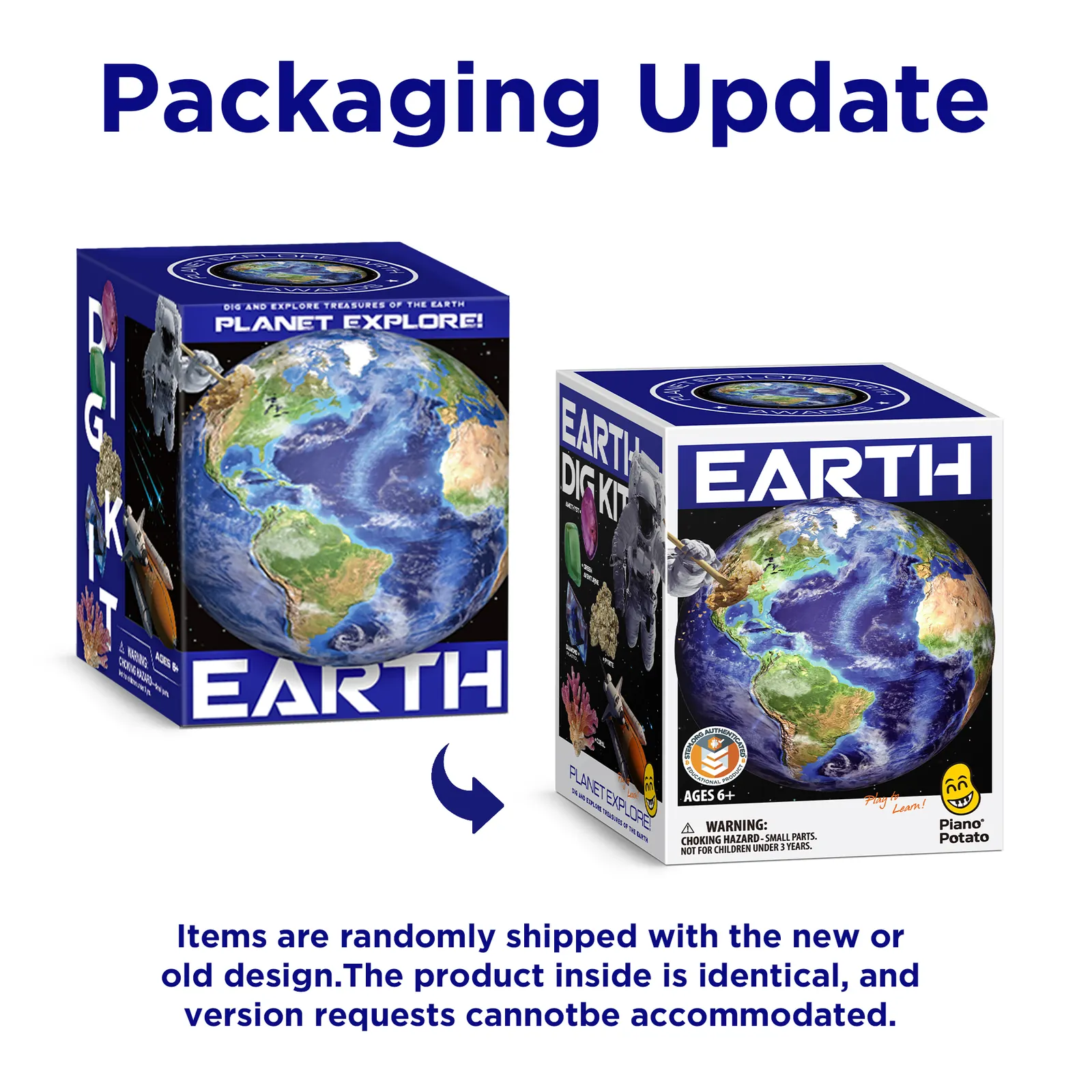 Earth Gemstone Dig Kit old and new retail package designs shown together in the packaging update notice