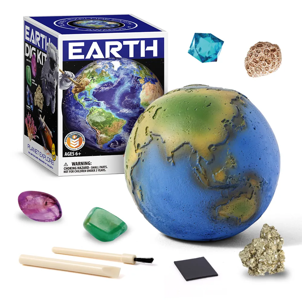 Earth Gemstone Dig Kit with globe-shaped excavation block, five specimens, chisel, dusting brush, adhesive magnet, poster, and retail box