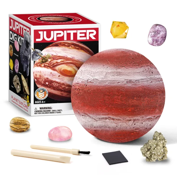 Planet Gemstone Dig Kit, 4 Natural Crystal Minerals + Yellow Acrylic Stone, Archaeological Tools, STEM Toy