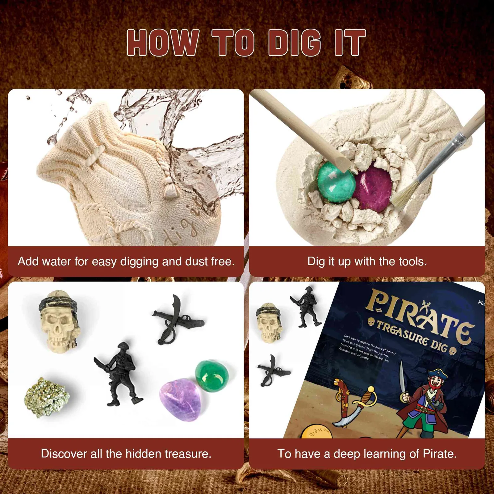 Illustrated Pirate Treasure Dig Kit instructions for preparing, digging and brushing