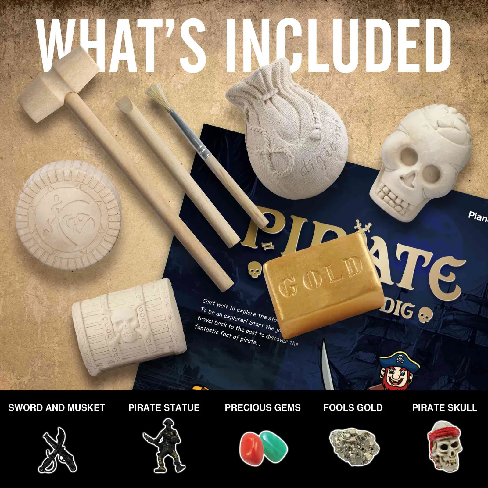 Pirate Dig Kit contents with shaped digging pieces, wooden tools, gems, figures, and treasure pieces