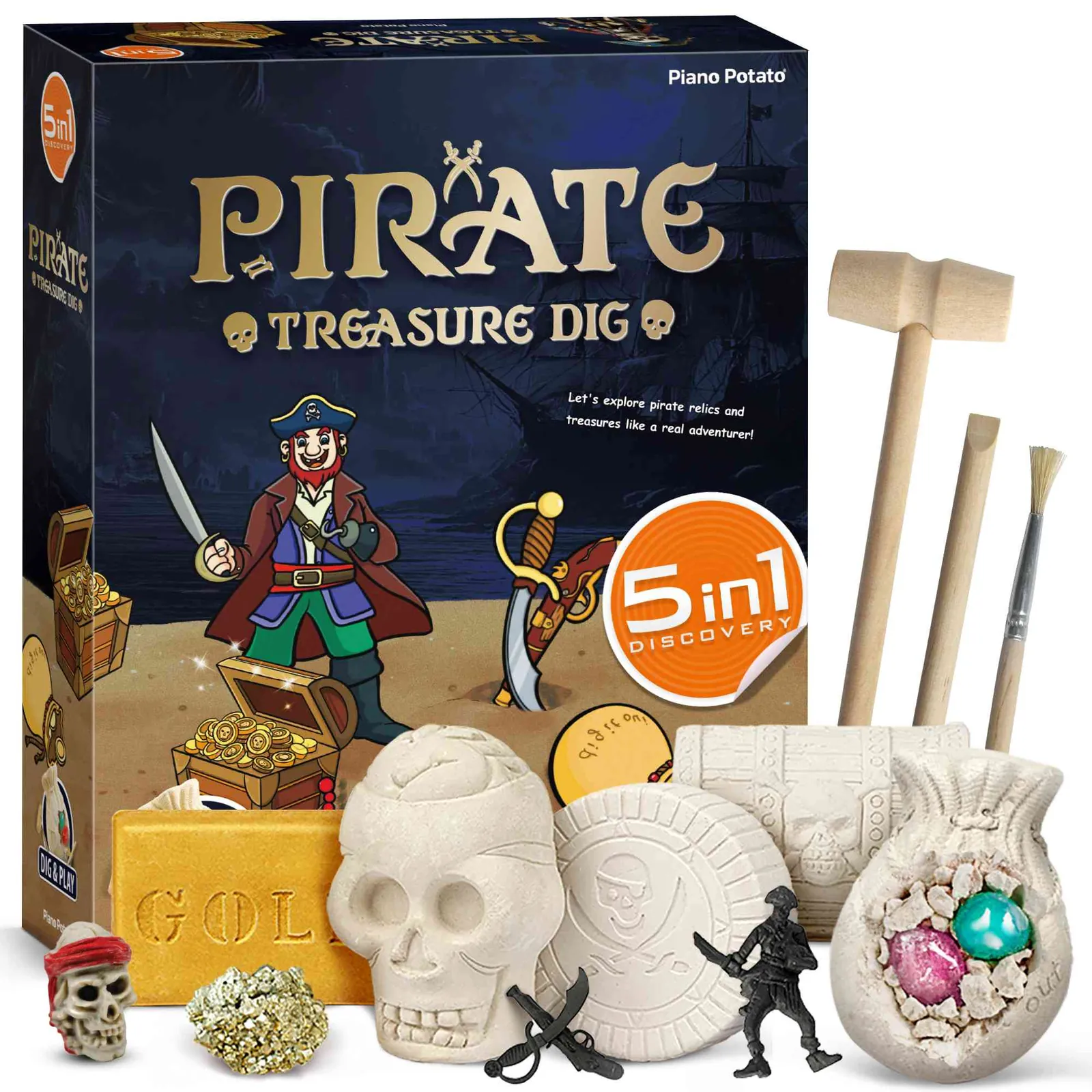 Pirate Treasure Dig Kit with five themed excavation pieces, wooden tools and pirate treasures