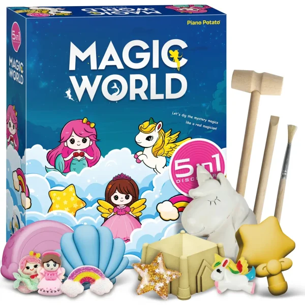 Magic World Dig Kit - 5-in-1 Discovery: Mermaid, Fairy, Unicorn & More, Kids STEM Toy