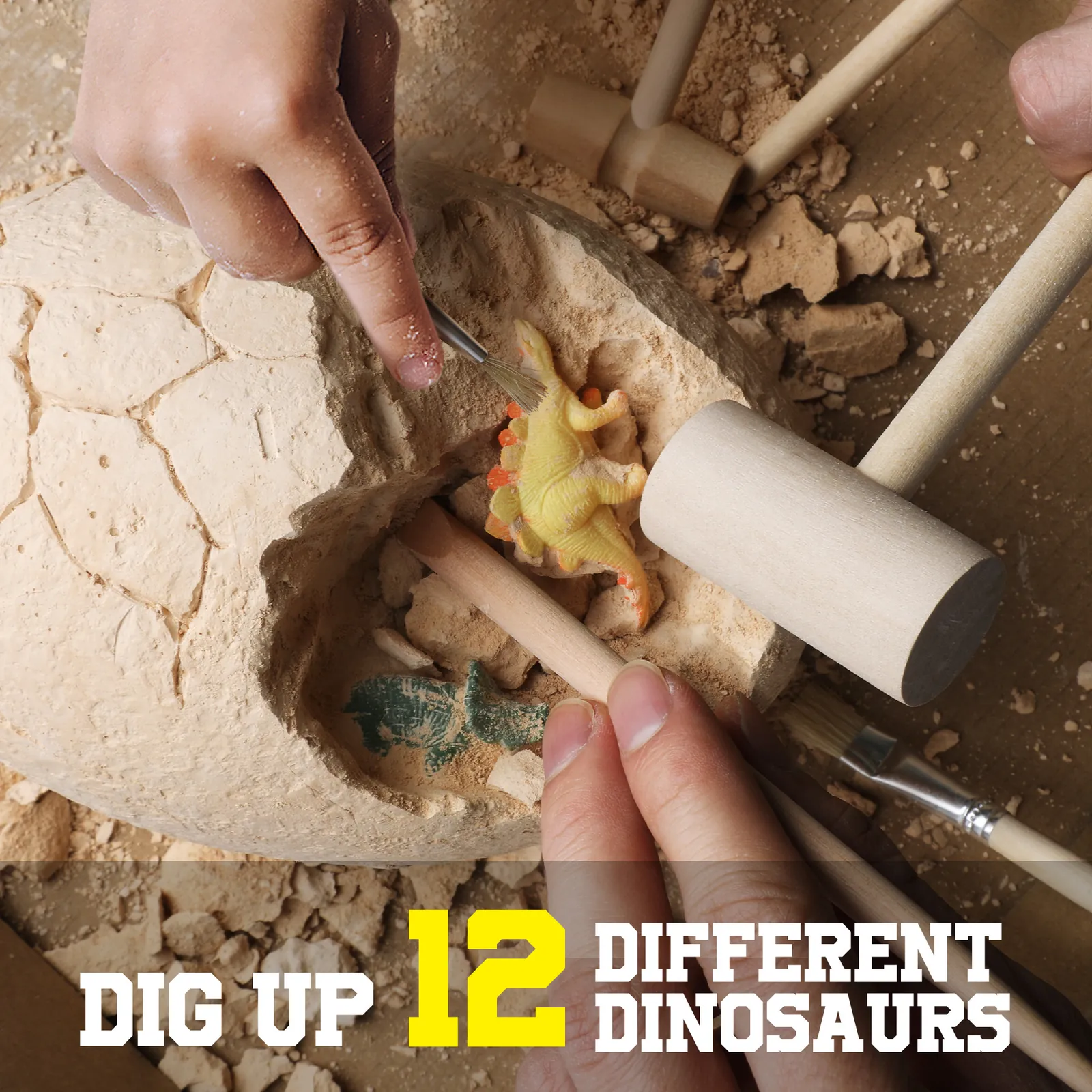 Children using wooden hammers, chisels, and brushes to excavate dinosaur figures from the jumbo egg