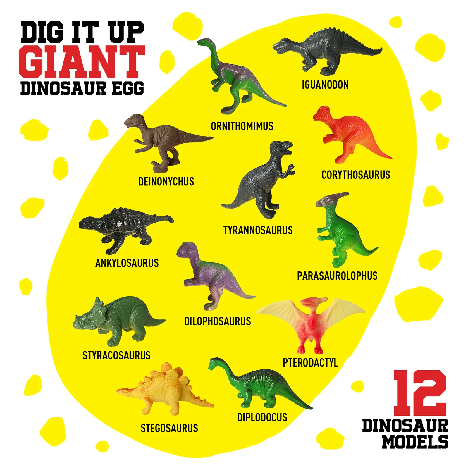 The 12 dinosaur models included in the Jumbo Dinosaur Egg Dig Kit with their names