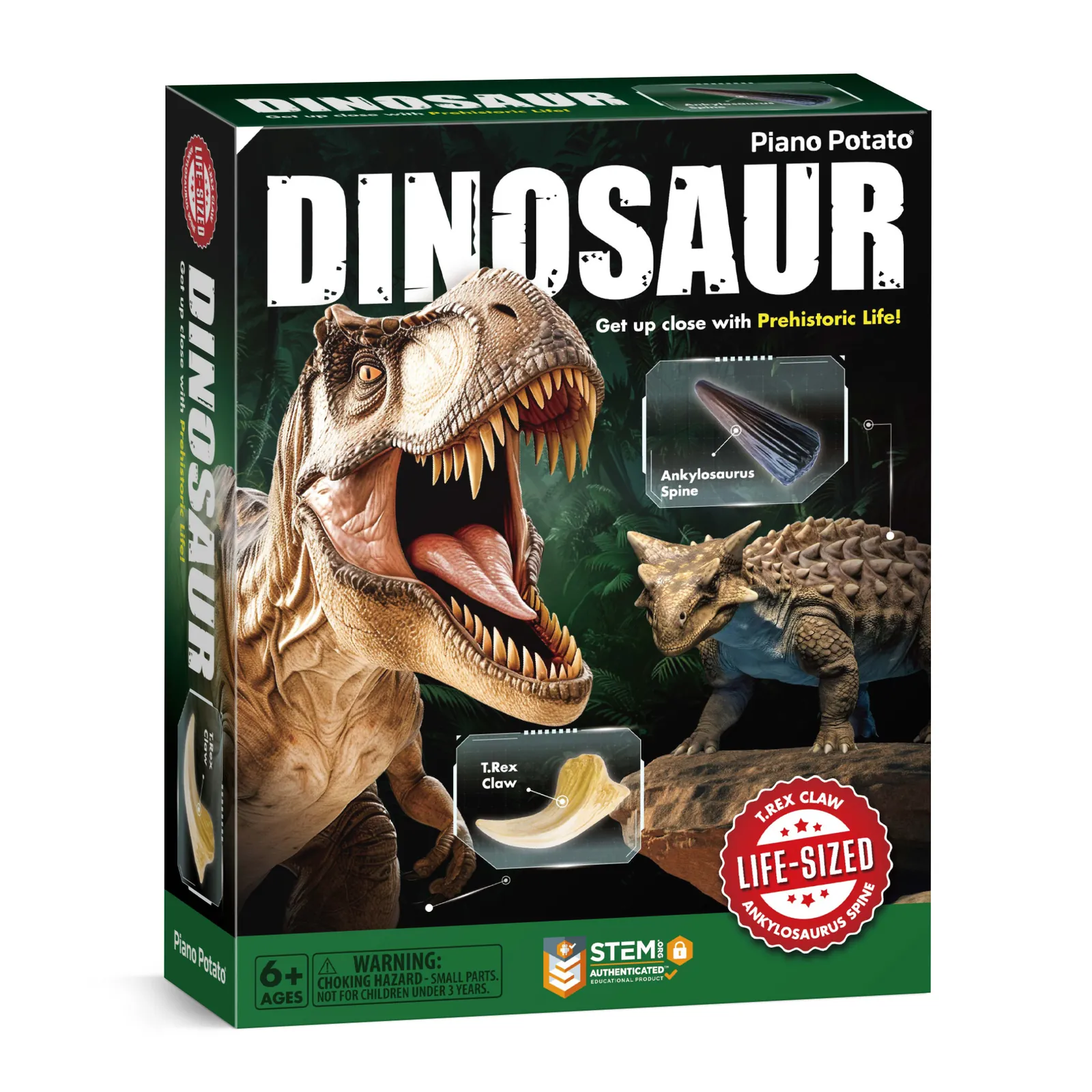 Retail package for the Dinosaur Fossil Dig Kit showing the T. Rex claw and Ankylosaurus spine replicas