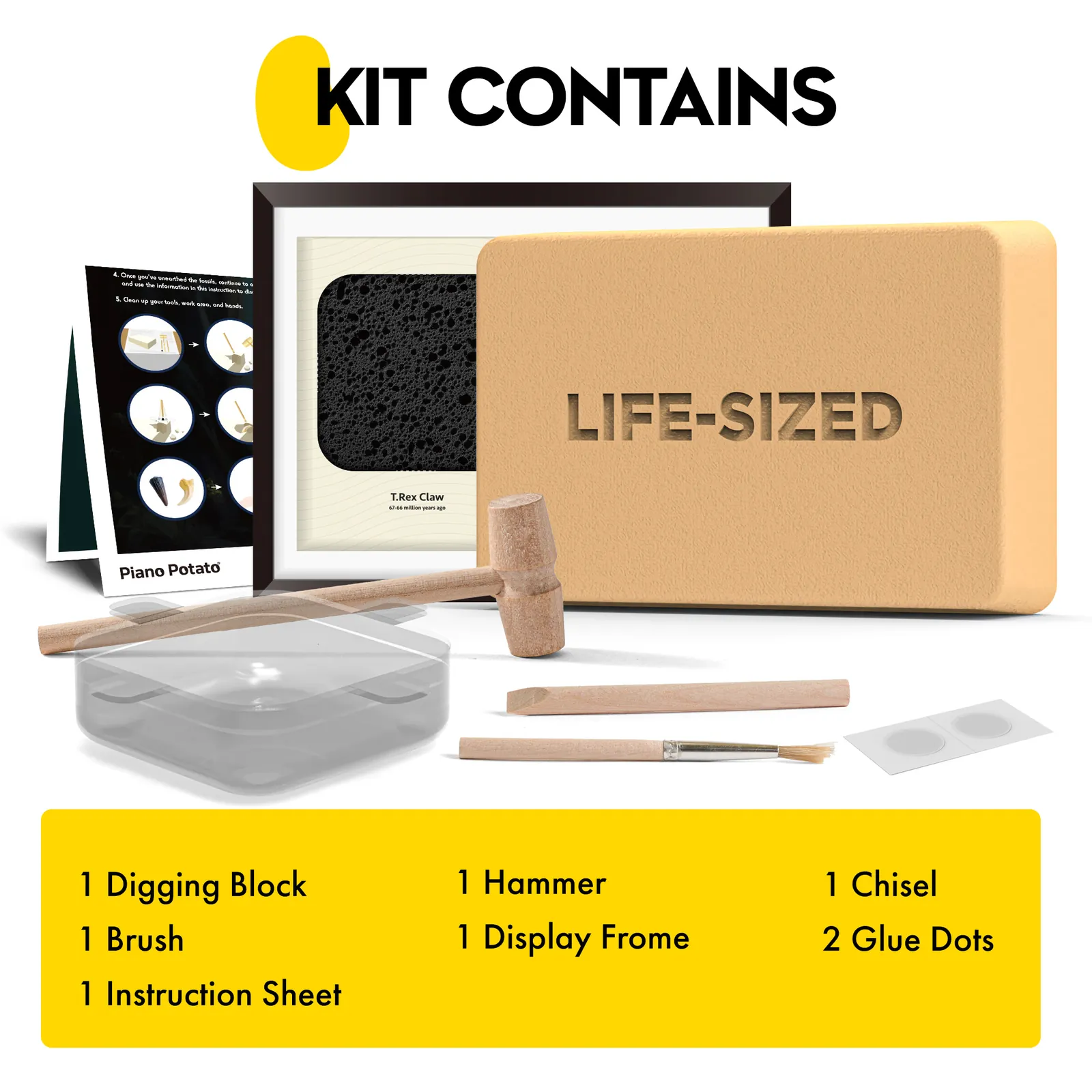 All items in the Dinosaur Fossil Dig Kit: digging block, hammer, chisel, brush, display frame, two glue dots, and instruction sheet