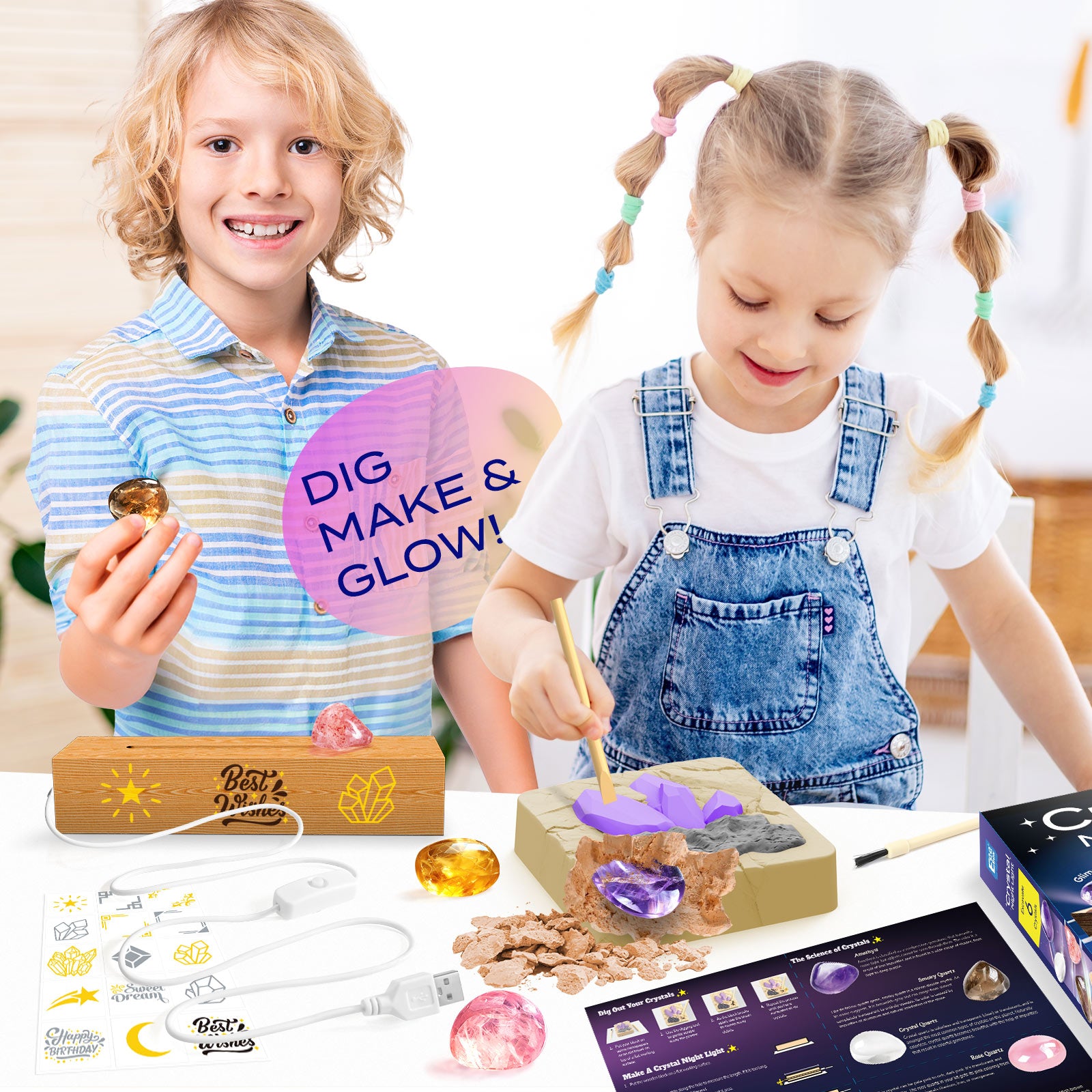 Gamerside Gemstone Dig Kit & Display Crystal Night Light for Kids, Dig Up 6 Genuine Rocks and Minerals, Gem Digging Kit for Kids Age 6-12, Educational Science Kit Birthday Gifts for Boys and Girls - Image 4