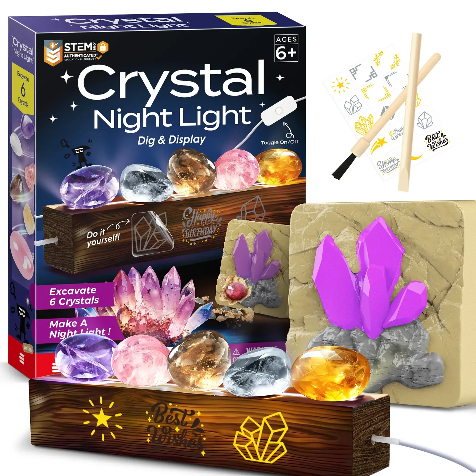 Crystal Night Light Dig Kit – Excavate 6 Crystals & Build a USB Display (Ages 6+)