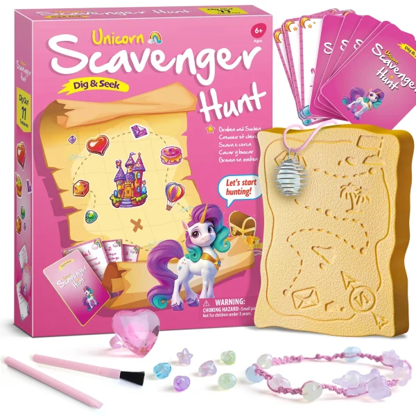 Unicorn Dig Kit with excavation pieces, charms, bracelet, necklace, ring, and tools