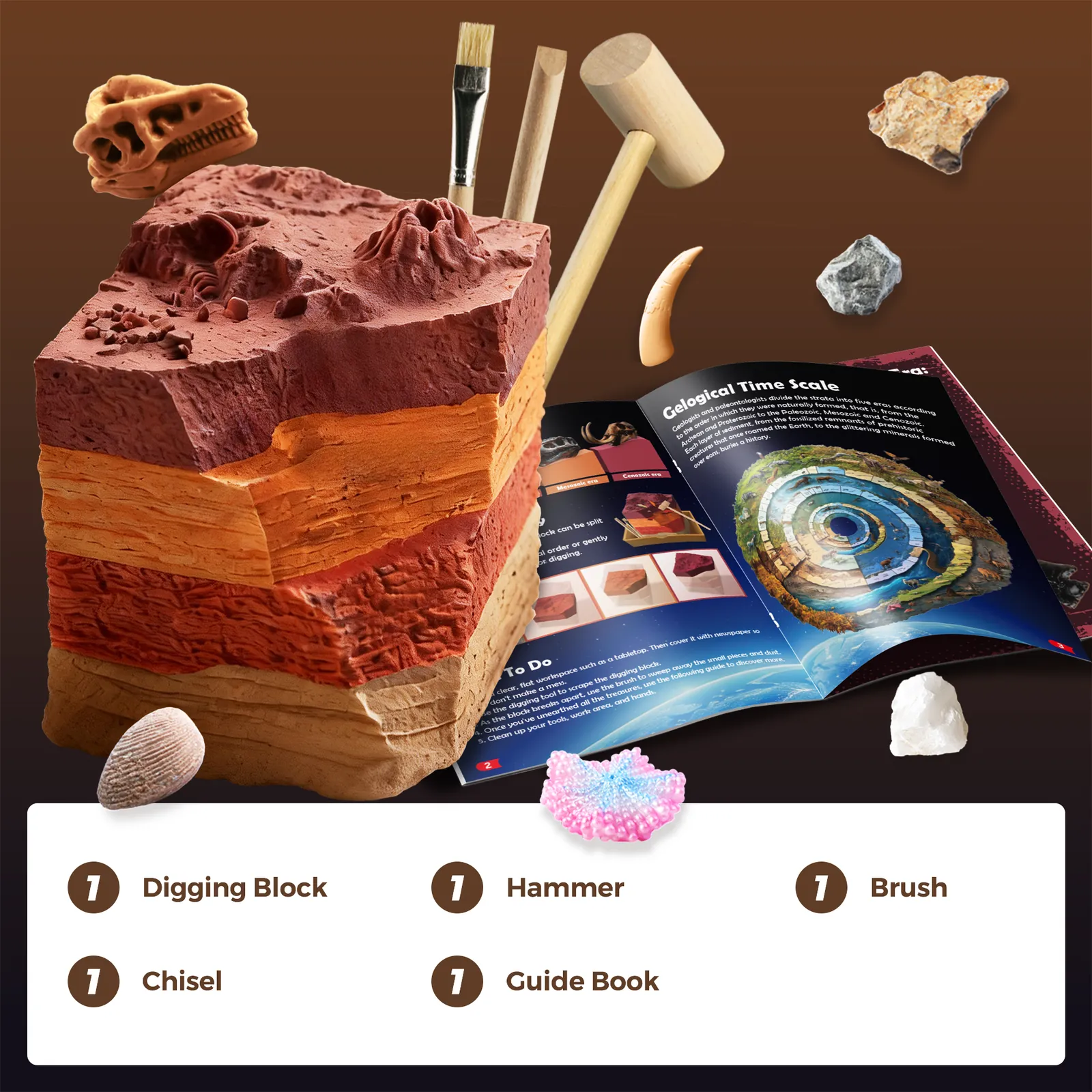 Contents of the Paleontological Site kit: one layered block, hammer, chisel, brush and guidebook