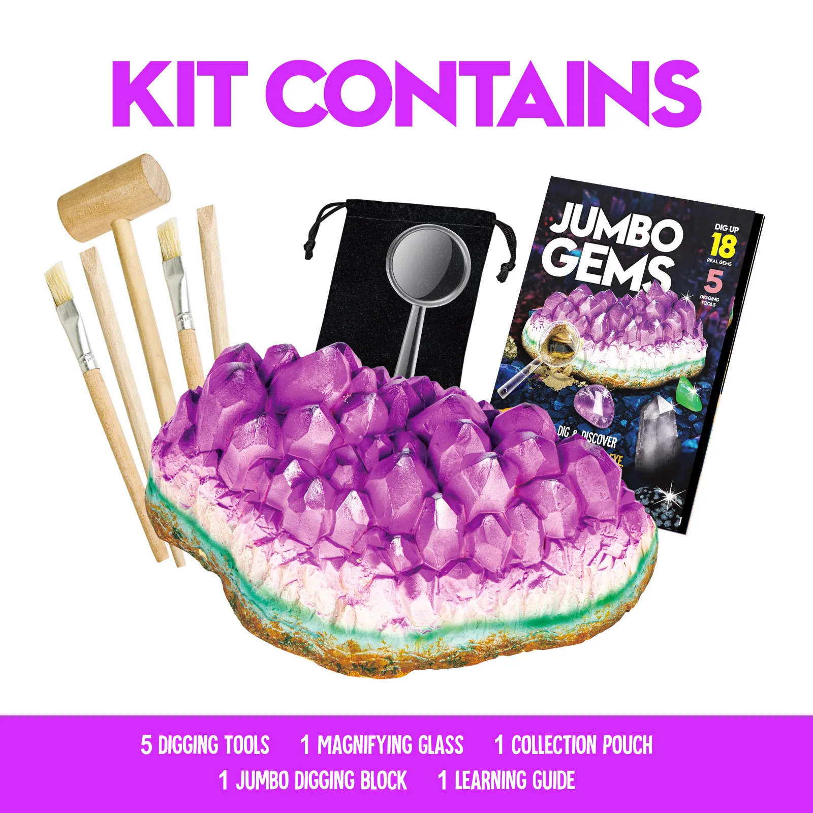 Complete kit: one block, five digging tools, magnifying glass, collecting pouch, and learning guide
