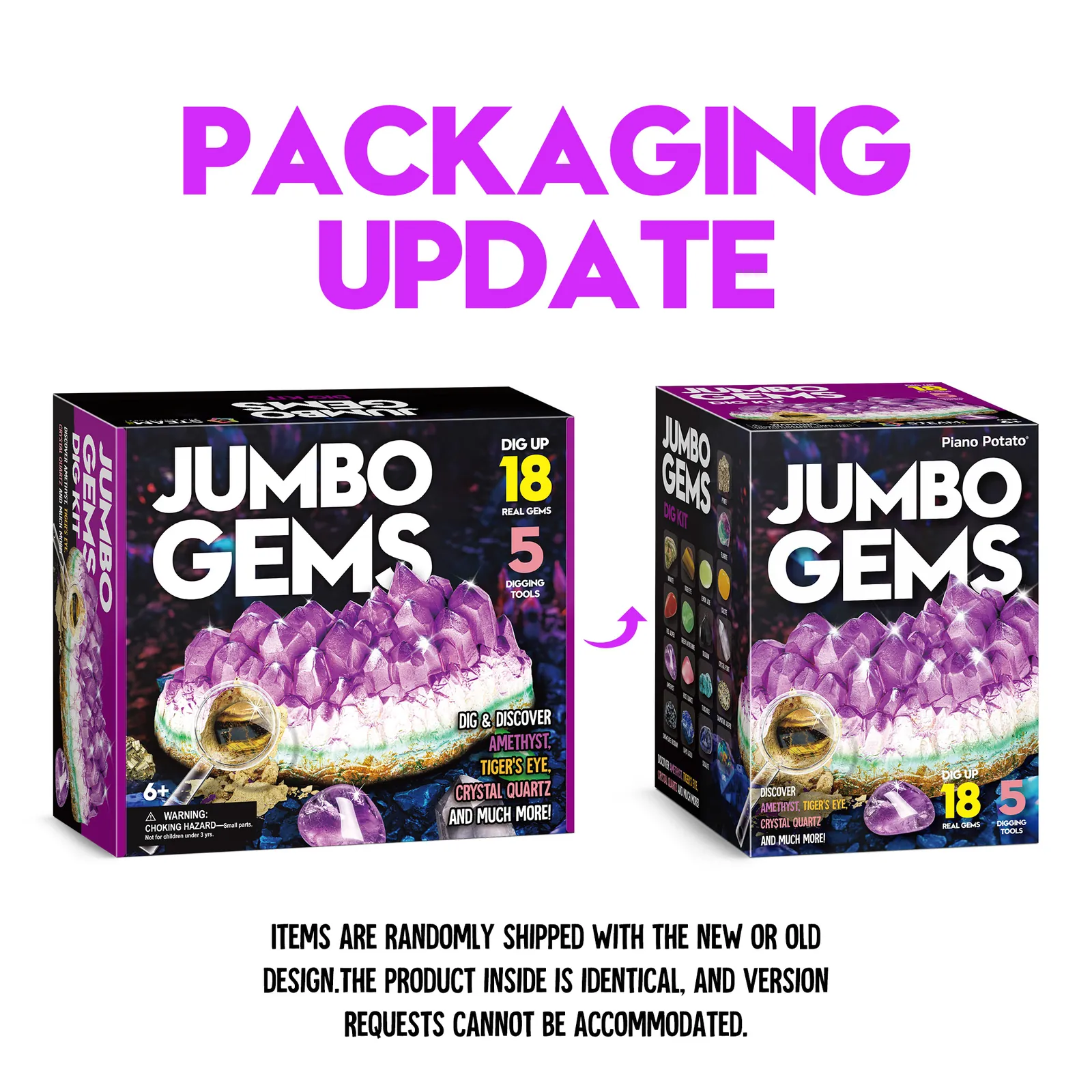 Old and new Jumbo Gems packaging with identical contents and random box-version shipping notice