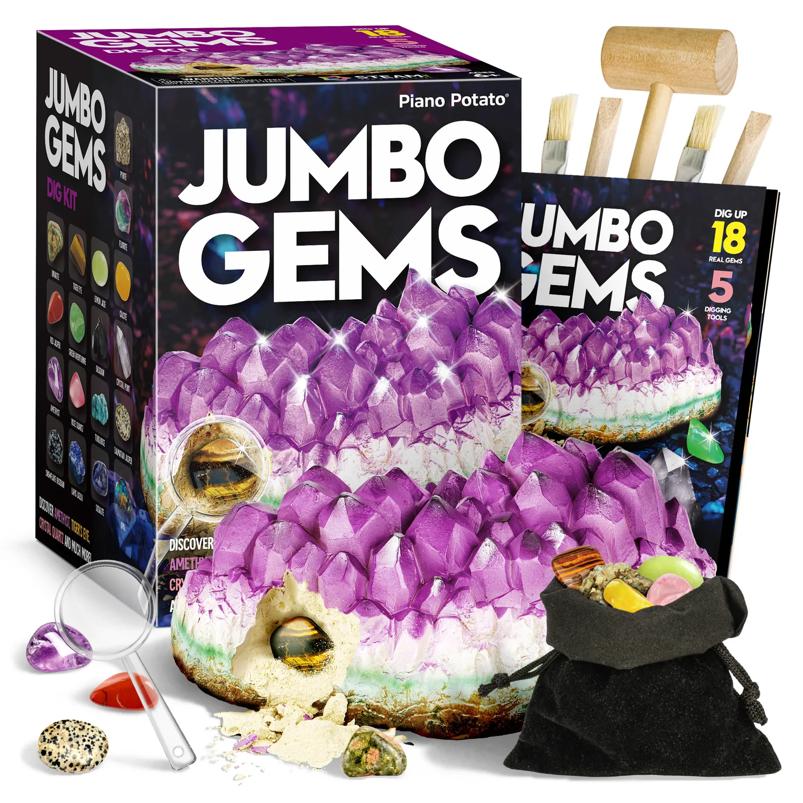 Jumbo gemstone dig kit with purple cluster-shaped block, tools, guide, magnifier, pouch, and specimen examples