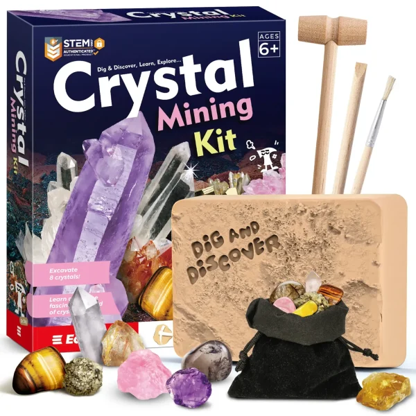 Crystal Mining Kit with excavation block, real gemstones, crystals, minerals, tools, and storage pieces