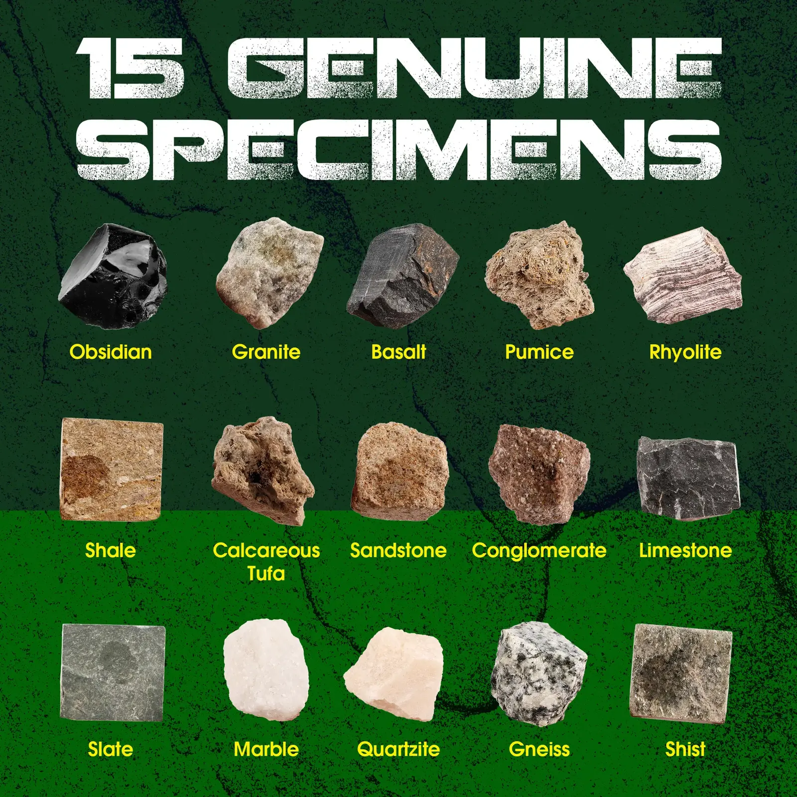 Labeled chart of 15 rock samples, including granite, pumice, sandstone, slate, marble, and quartzite