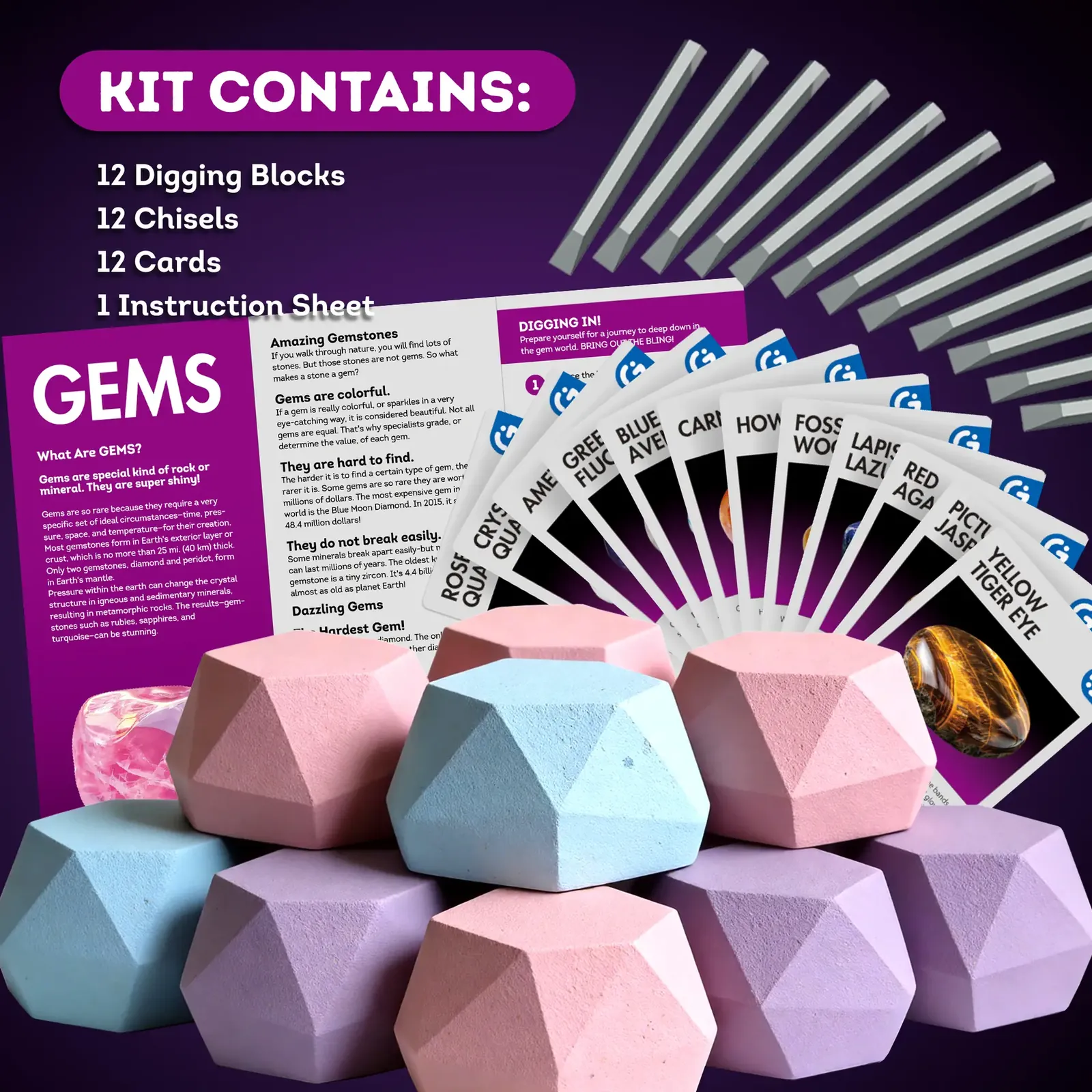 Gemstone Dig Kit – 12 Individual Blocks, 12 Stones & Learning Cards - Image 5