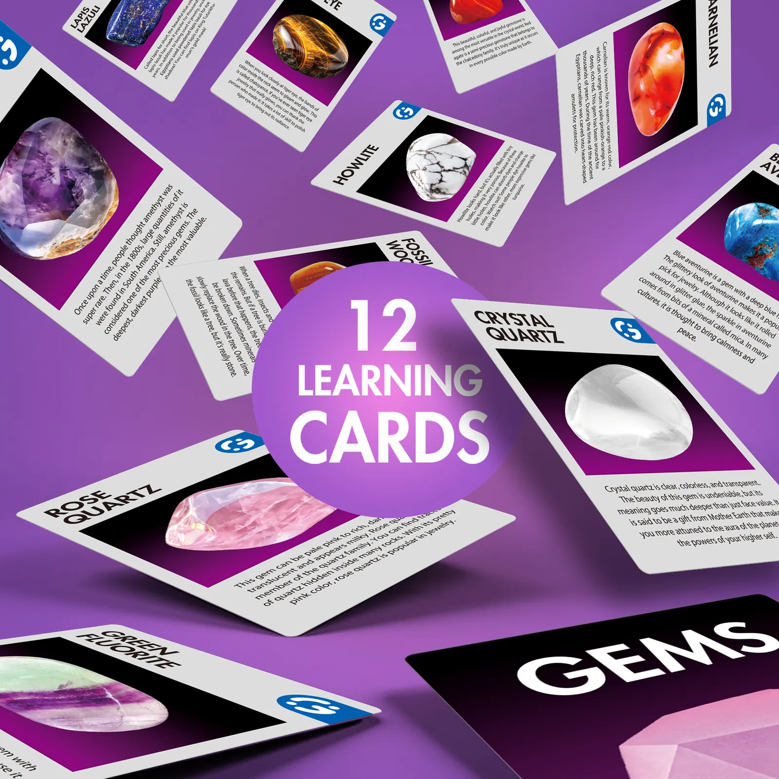 Twelve gemstone learning cards with specimen photos and names
