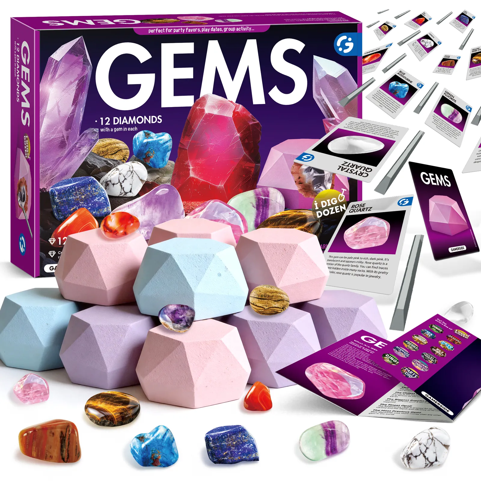 Gemstone dig kit with twelve blocks, stones, chisels, and learning cards