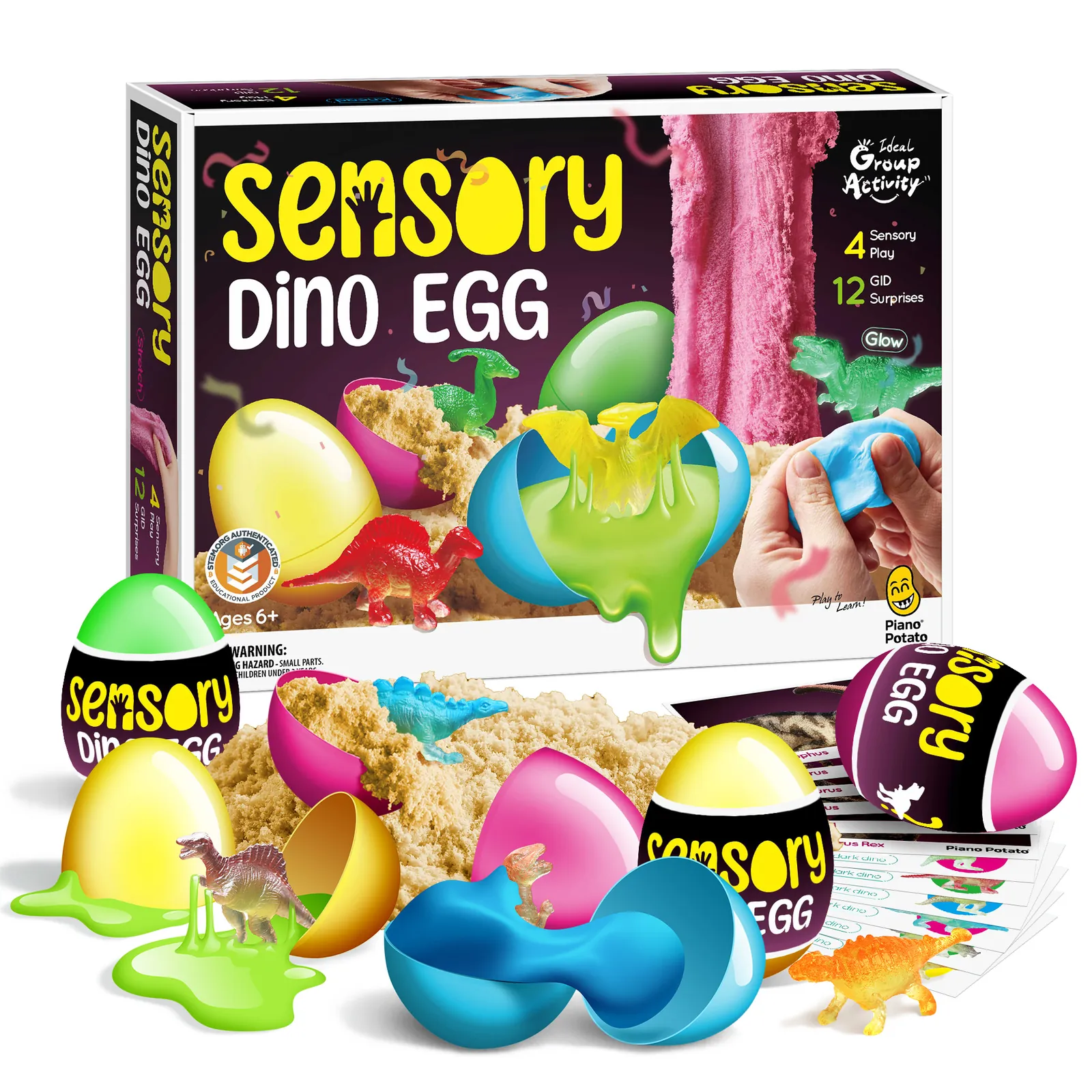 Sensory Dino Egg Kit - 12 Glow-in-the-Dark Dinosaurs, 4 Sensory Play Modes & Fact Cards