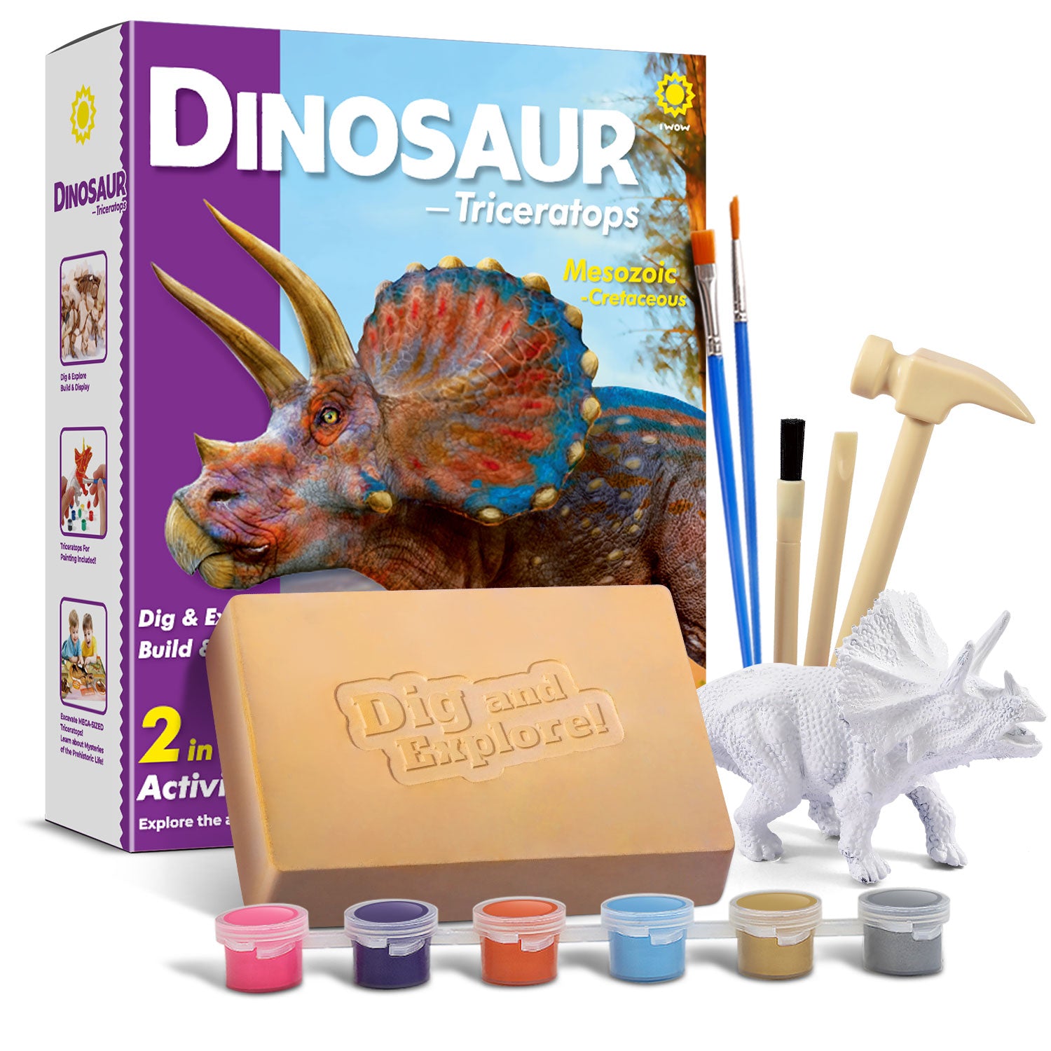 Dinosaur Triceratops Fossil Digging Kit for Kids 6+, 2-in-1 Dig & Build Educational Toy, Excavation Adventure with Paintable Model, Complete Paleontology Gift Set - Image 2