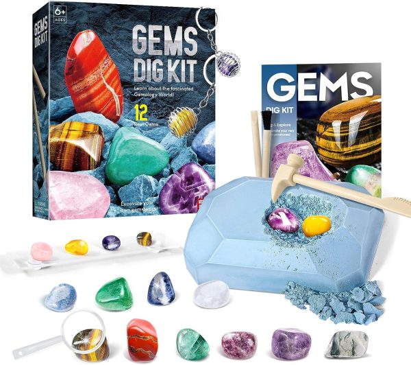 Gems Dig Kit for Kids - 12 Real Gemstones, STEM Gift Toy with Keychain 6+