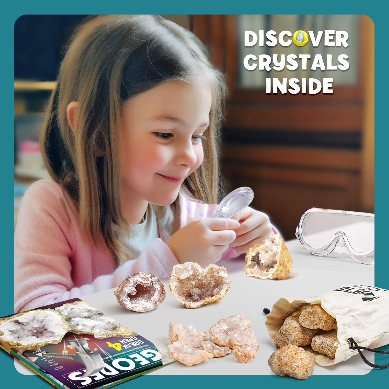 Piano Potato Break Open 4 Premium Geodes Kit with Goggles & Magnifying Glass - Image 2
