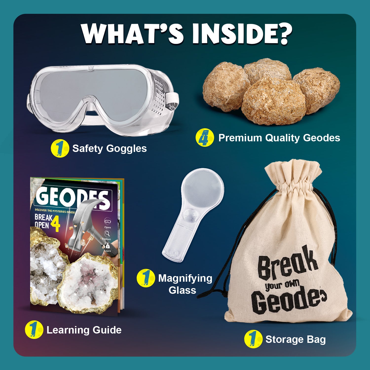 Piano Potato Break Open 4 Premium Geodes Kit with Goggles & Magnifying Glass - Image 4
