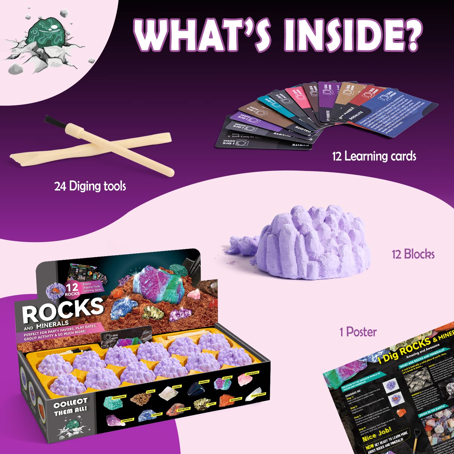 Gemstone Dig Kit, 12 Real Rocks and Gems, STEM Toy 6+ - Image 4